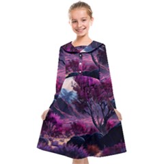 Landscape Painting Purple Tree Kids  Midi Sailor Dress by Ndabl3x