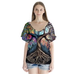 Tree Colourful V-neck Flutter Sleeve Top by Ndabl3x