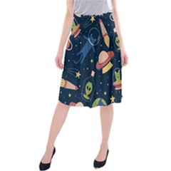 Seamless-pattern-with-funny-aliens-cat-galaxy Midi Beach Skirt by Wav3s