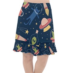 Seamless-pattern-with-funny-aliens-cat-galaxy Fishtail Chiffon Skirt by Wav3s