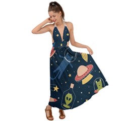 Seamless-pattern-with-funny-aliens-cat-galaxy Backless Maxi Beach Dress by Wav3s