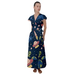 Seamless-pattern-with-funny-aliens-cat-galaxy Flutter Sleeve Maxi Dress by Wav3s
