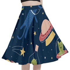 Seamless-pattern-with-funny-aliens-cat-galaxy A-line Full Circle Midi Skirt With Pocket by Wav3s
