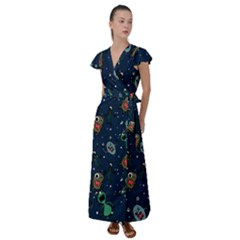 Monster-alien-pattern-seamless-background Flutter Sleeve Maxi Dress by Wav3s