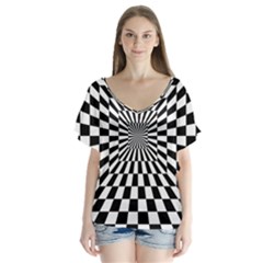Optical Illusion Chessboard Tunnel V-neck Flutter Sleeve Top by Ndabl3x
