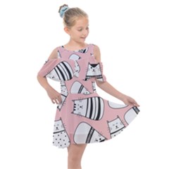Cute Cats Cartoon Seamless-pattern Kids  Shoulder Cutout Chiffon Dress by Vaneshart