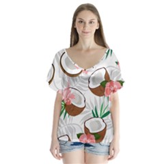 Seamless Pattern Coconut Piece Palm Leaves With Pink Hibiscus V-neck Flutter Sleeve Top by Vaneshart