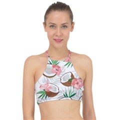 Seamless Pattern Coconut Piece Palm Leaves With Pink Hibiscus Racer Front Bikini Top by Vaneshart