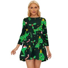 Christmas-funny-pattern Dinosaurs Long Sleeve Babydoll Dress by Vaneshart