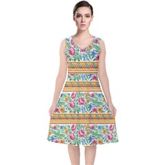Flower Fabric Design V-neck Midi Sleeveless Dress  by Vaneshop