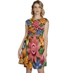 Flower Bloom Embossed Pattern Cap Sleeve High Waist Dress by Vaneshop