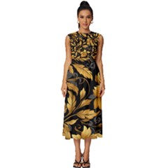 Flower Gold Floral Sleeveless Round Neck Midi Dress by Vaneshop