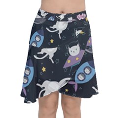 Space Cat Illustration Pattern Astronaut Chiffon Wrap Front Skirt by Wav3s