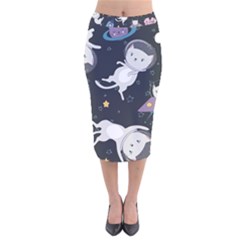 Space Cat Illustration Pattern Astronaut Velvet Midi Pencil Skirt by Wav3s