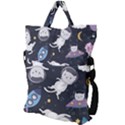 Space Cat Illustration Pattern Astronaut Fold Over Handle Tote Bag View2