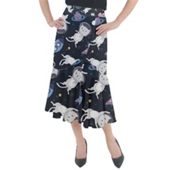 Space Cat Illustration Pattern Astronaut Midi Mermaid Skirt by Wav3s