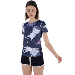 Space Cat Illustration Pattern Astronaut Back Circle Cutout Sports Tee by Wav3s