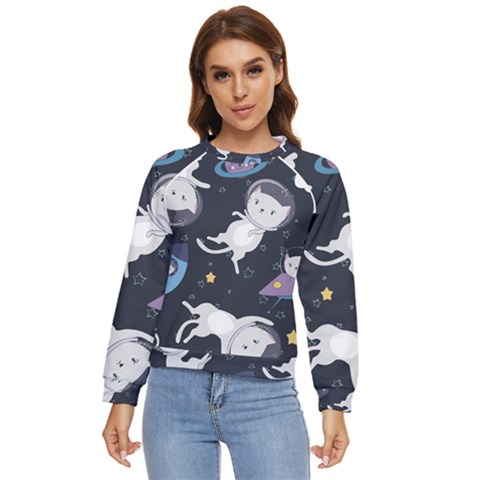 Space Cat Illustration Pattern Astronaut Women s Long Sleeve Raglan Tee by Wav3s
