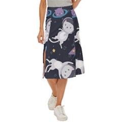 Space Cat Illustration Pattern Astronaut Midi Panel Skirt by Wav3s
