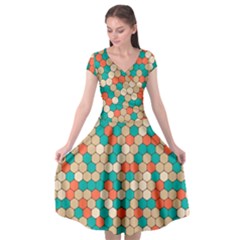 Multicolored Honeycomb Colorful Abstract Geometry Cap Sleeve Wrap Front Dress by Vaneshop