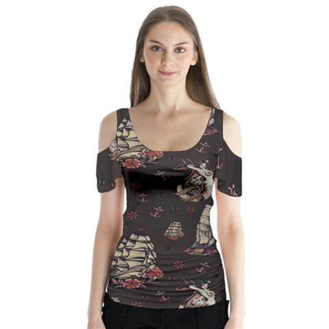 Vintage Tattoos Nautical Butterfly Sleeve Cutout Tee  by Vaneshop