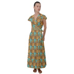 Owl Bird Pattern Flutter Sleeve Maxi Dress by Vaneshop