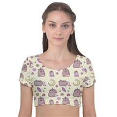 Beautiful Beauty Cartoon Cat Velvet Short Sleeve Crop Top  by Grandong