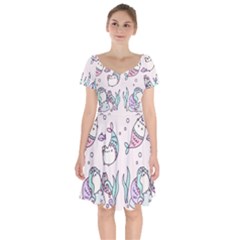 Cartoon Cat Cute Animal Design Drawing Illustration Kawaii Short Sleeve Bardot Dress by Grandong