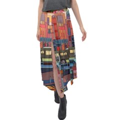 The City Style Bus Fantasy Architecture Art Velour Split Maxi Skirt by Grandong