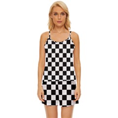 Black White Checker Pattern Checkerboard Satin Pajama Short Set by Cowasu