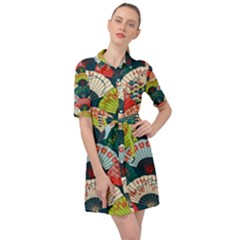 Japanese Fans Bright Pattern Belted Shirt Dress by Cowasu