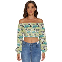 Flora Nature Color Japanese Patterns Long Sleeve Crinkled Weave Crop Top by Cowasu