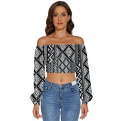 Tribal African Pattern Long Sleeve Crinkled Weave Crop Top by Cowasu
