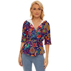 Pattern Colorful Bird Leaf Flower Lightweight Drawstring Hooded Top by Cowasu