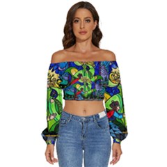 Beauty Stained Glass Rose Long Sleeve Crinkled Weave Crop Top by Cowasu