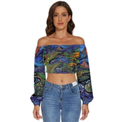 Psychedelic Landscape Long Sleeve Crinkled Weave Crop Top by Cowasu