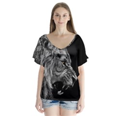 Angry Lion Black And White V-neck Flutter Sleeve Top by Cowasu