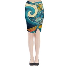 Waves Wave Ocean Sea Abstract Whimsical Abstract Art Midi Wrap Pencil Skirt by Ndabl3x
