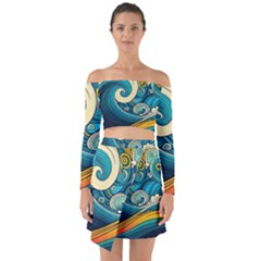 Waves Wave Ocean Sea Abstract Whimsical Abstract Art Off Shoulder Top With Skirt Set by Ndabl3x