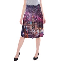 Moscow Kremlin Saint Basils Cathedral Architecture  Building Cityscape Night Fireworks Midi Beach Skirt by Cowasu