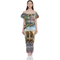 Beautiful Jungle Animals Off Shoulder Ruffle Top Jumpsuit by Ravend