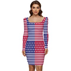 American Flag Patriot Red White Women Long Sleeve Ruched Stretch Jersey Dress by Celenk