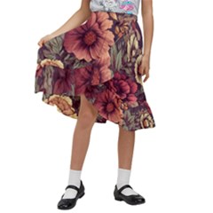 Flowers Pattern Kids  Ruffle Flared Wrap Midi Skirt by Simbadda