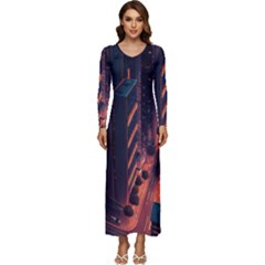 Abstract Landscape Landmark Town City Cityscape Long Sleeve Longline Maxi Dress by Vaneshop