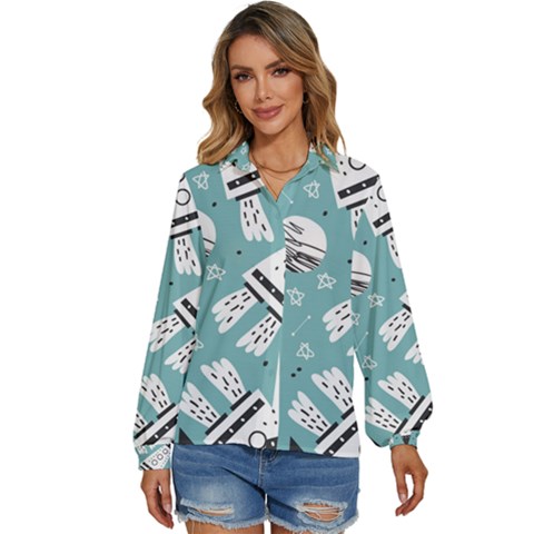 Cute-seamless-pattern-with-rocket-planets-stars Women s Long Sleeve Button Up Shirt by uniart180623