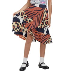 Mixed-animal-skin-print-safari-textures-mix-leopard-zebra-tiger-skins-patterns-luxury-animals-textur Kids  Ruffle Flared Wrap Midi Skirt by uniart180623