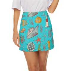 Colored-sketched-sea-elements-pattern-background-sea-life-animals-illustration Mini Front Wrap Skirt by uniart180623