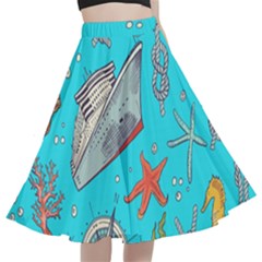 Colored-sketched-sea-elements-pattern-background-sea-life-animals-illustration A-line Full Circle Midi Skirt With Pocket by uniart180623