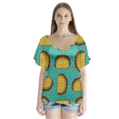 Taco-drawing-background-mexican-fast-food-pattern V-neck Flutter Sleeve Top by uniart180623