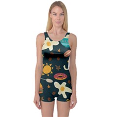 Seamless-pattern-with-breakfast-symbols-morning-coffee One Piece Boyleg Swimsuit by uniart180623